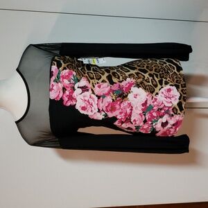 INC Astrid Leopard  Women top,medium,long sleeves, color black/ leopard/ flowers